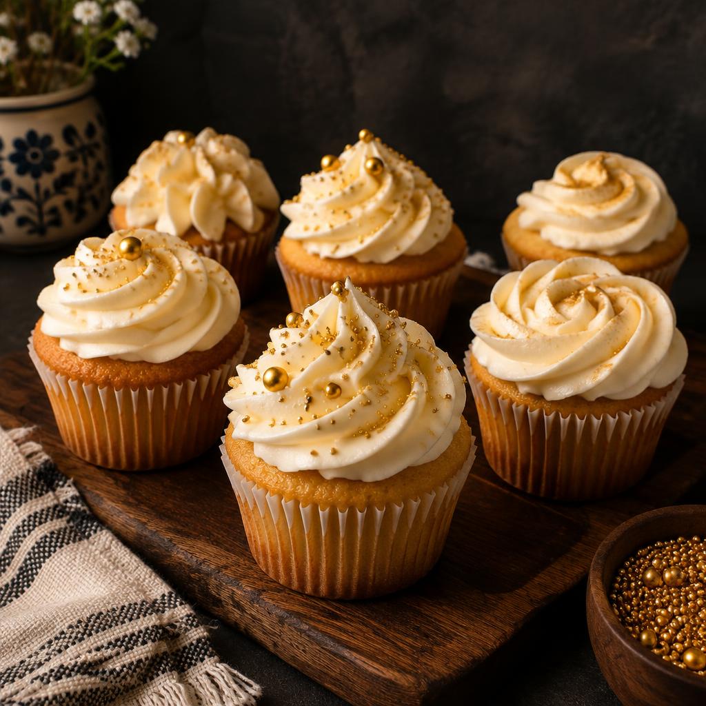 Cream and gold frosted cupcakes on a dark wooden board