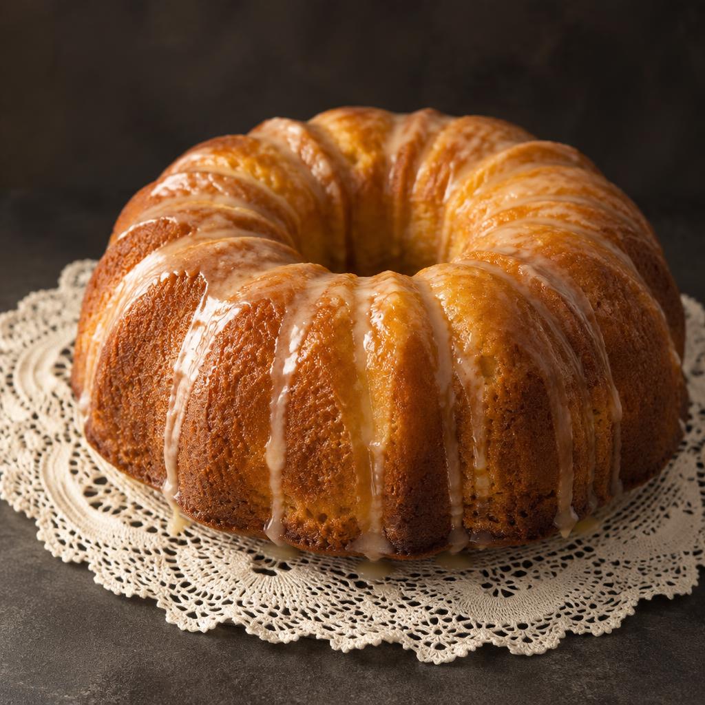 Large golden glazed bundt cake on a lace doily