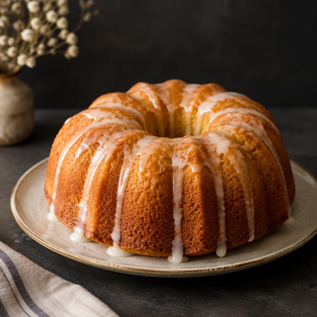 Medium bundt cake with glaze drizzle on a ceramic plate