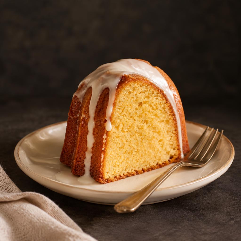 A single glazed slice of bundt cake on a small plate with a fork