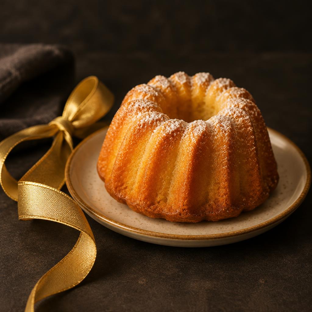 Small bundt cake dusted with sugar beside a gold ribbon